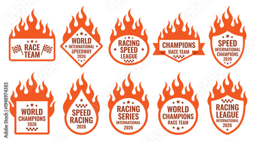 Racing team logos with fire flames, speed championship badges for competition events, white background with motor sport emblems and checkered flag icons