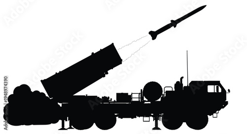 Military missile launching from vehicle dramatic black and white silhouette