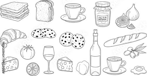 Breakfast food collection with coffee sandwich croissant and jam in cad drawing flat vector illustration isolated on white background set.