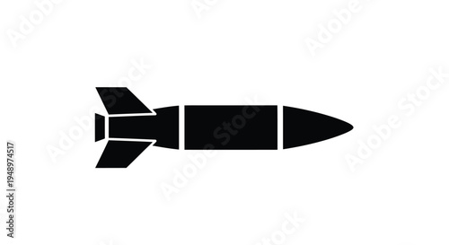 A stark black missile illustration against a white background silhouette