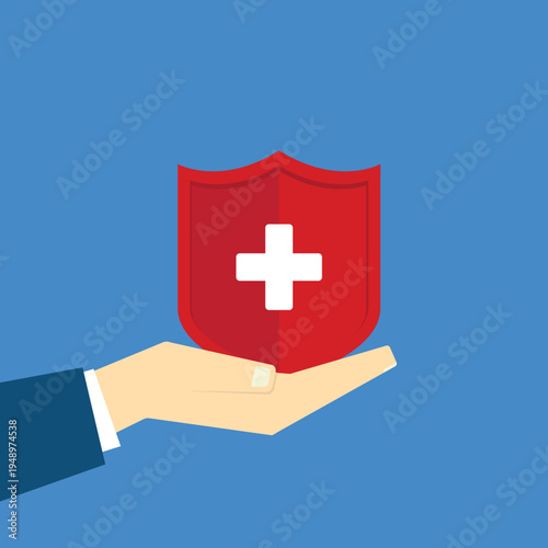 Health Insurance Protection Concept – Hand Holding Medical Shield with Cross Symbol, Healthcare Safety, Medical Coverage, Hospital Care Security Flat Vector Illustration