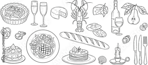 Gourmet dinner collection with lobster steak wine and dessert in cad drawing flat vector illustration isolated on white background set.