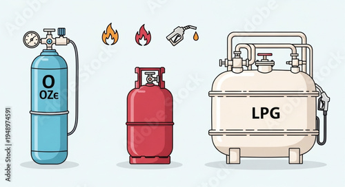 Illustration of Oxygen and LPG Gas Cylinders with Flames and Nozzle.