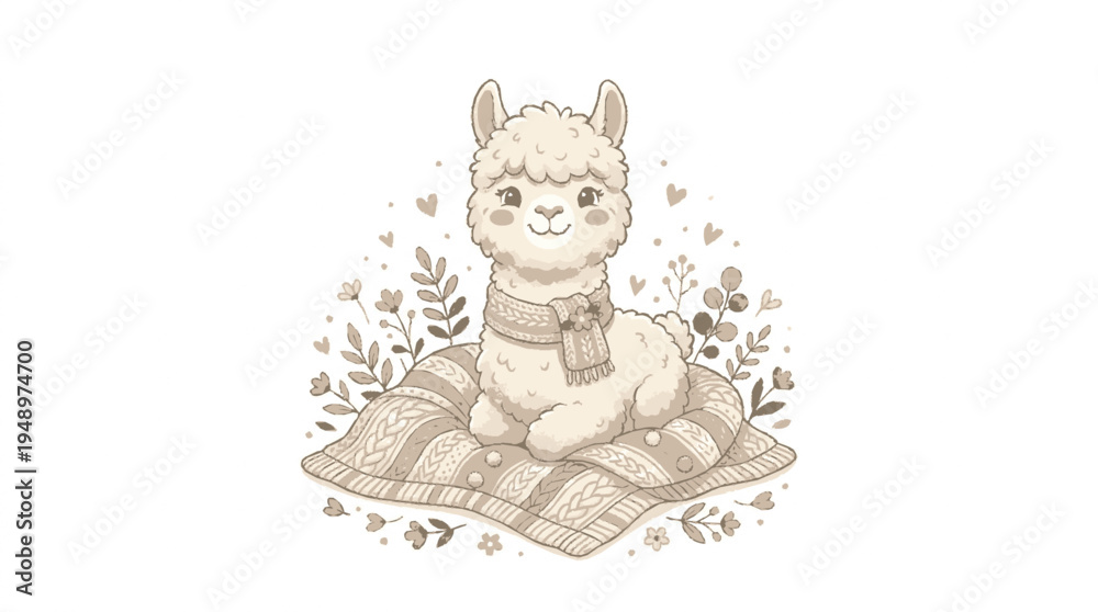 Obraz premium Cute alpaca sitting on blanket with flowers vector illustration for nursery decor and design