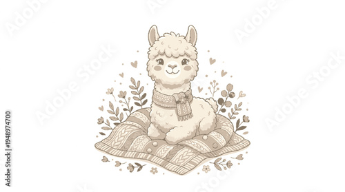 Cute alpaca sitting on blanket with flowers vector illustration for nursery decor and design