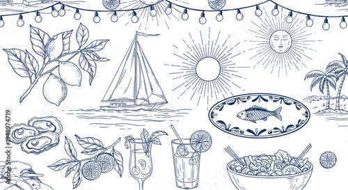 Mediterranean nautical collection with sailboat sun lemons fish and cocktails in cad drawing flat vector illustration isolated on white background.