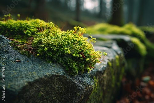 Green moss growing on stone surface in natural forest