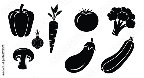 Black and white silhouettes of various fresh vegetables arranged together