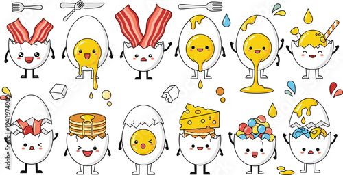 Cute egg cartoon breakfast characters vector set bacon cheese pancakes cereal kawaii food mascots funny kitchen illustration collection isolated background