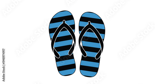 A pair of blue and black striped flip flops presented on a white background
