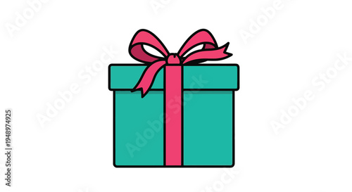 A simple illustration of a teal gift box tied with a vibrant pink ribbon