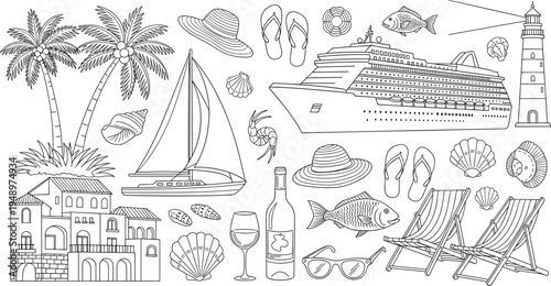Summer cruise vacation collection with ship lighthouse sailboat and palm trees in cad drawing flat vector illustration isolated on white background.