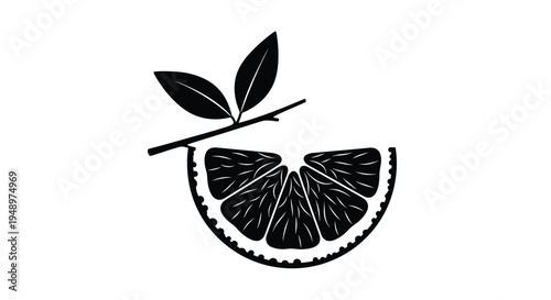 Stylized black and white illustration of a citrus fruit slice with leaves