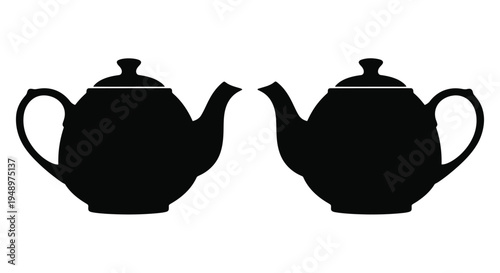 Two black silhouettes of classic teapots facing each other