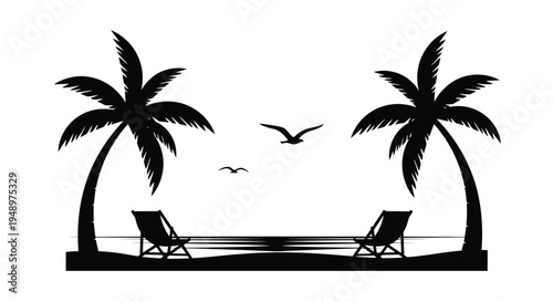 Tropical beach scene with palm trees chairs and birds in silhouette