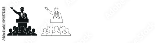 A speaker addressing a crowd depicted in two black and white variations