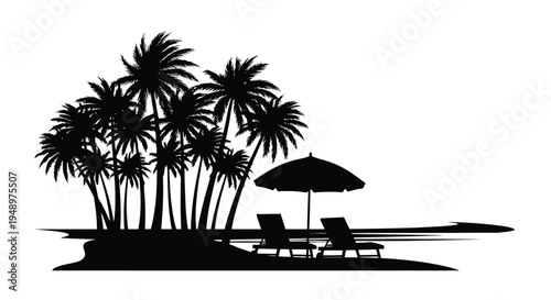 Tropical beach scene with palm trees lounge chairs and umbrella