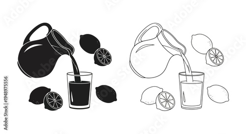 Pouring citrus juice contrasting black and white line art illustrations