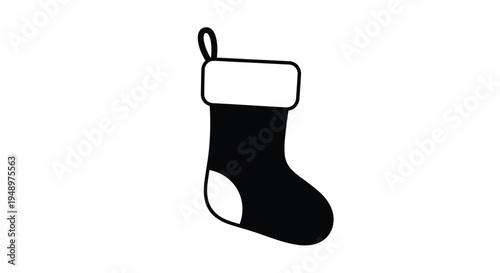 A simple black and white illustration of a hanging christmas stocking
