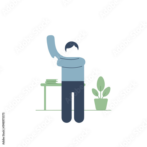 A minimalist vector illustration shows a person putting on or taking off a light blue top, with a green table holding books and a potted plant in the background.