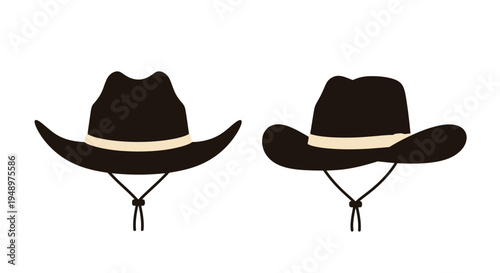Two cowboy hats with chin straps a simple black and white illustration
