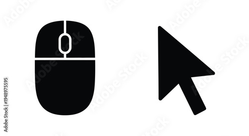 Black computer mouse and cursor icon displayed on a white background