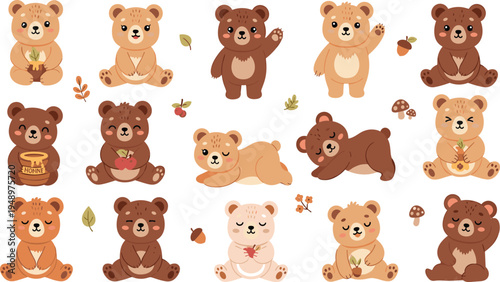 Cute Teddy Bear Character Collection with Different Poses Including Sitting, Waving, Hugging and Relaxing Cartoon Baby Bear Vector Illustration Set.