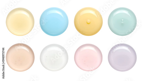 Eight circular blobs of various pastel colors, resembling drops, arranged in a grid on black