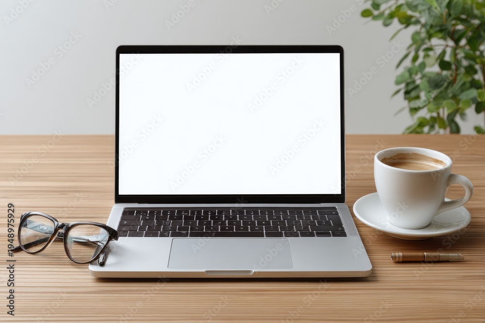 Fototapeta premium A modern laptop with a blank screen sits on a wooden desk next to glasses, a coffee cup, and plant