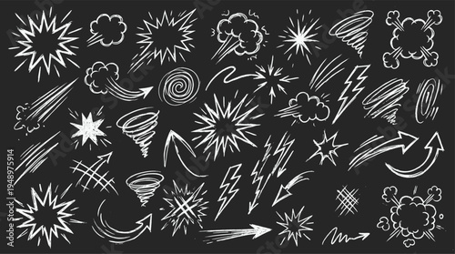 Comic book explosions, bursts, lightning bolts and motion speed lines drawn with white chalk lines on a black chalkboard background for creative projects