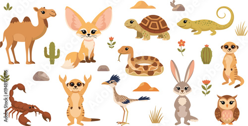 Cute Desert Animal Cartoon Collection with Camel, Fennec Fox, Turtle, Lizard, Snake, Meerkat, Scorpion, Roadrunner, Rabbit and Owl Vector Illustration Set.
