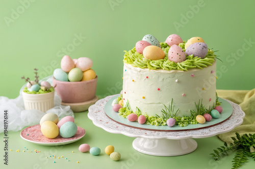 easter cake with eggs and flowers