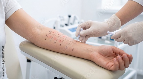 Medical professional conducting allergy skin prick test on patient’s arm  