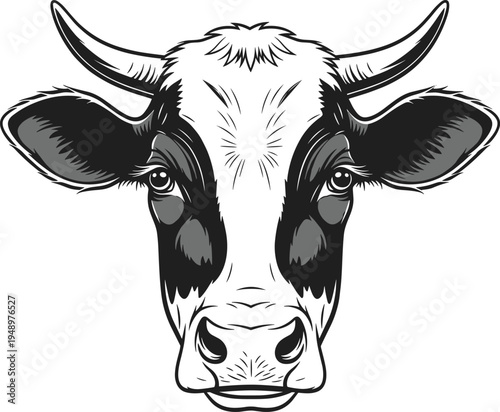 Black and White Cow Head Vector Illustration Stylized Holstein Bull Portrait for Dairy Farm Logo Cattle Breeding and Meat Mascot