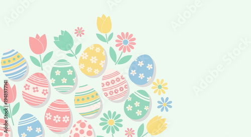 Pastel Easter Egg Decoration with Spring Flowers Cute Holiday Background