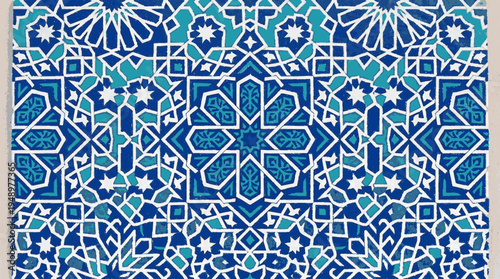 Intricate moroccan zellige tile pattern in vibrant blue and turquoise with geometric floral motifs