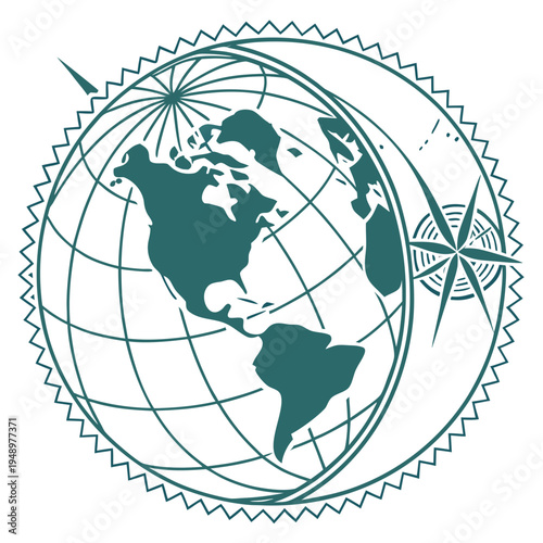Globe and compass with an illustration of a globe with a compass rose and