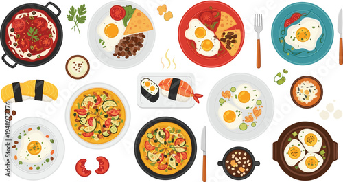 International breakfast dishes vector set with eggs sushi pizza noodles pan meal plates food illustration collection isolated background