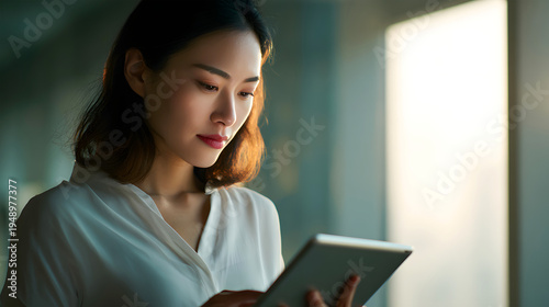 Asian businesswoman focused on using a tablet computer for work in a softly lit office setting