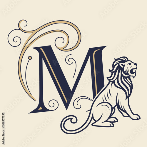 Elegant monogram m with majestic lion illustration with letter m