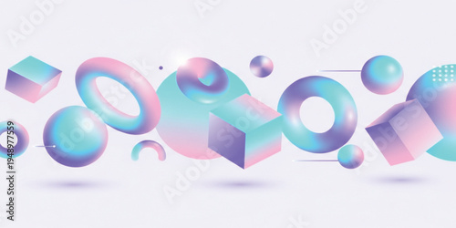Abstract Iridescent 3D Geometric Shapes with Gradient Holographic Colors Including Cubes Spheres and Rings for Modern Futuristic Design Background