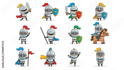 Collection of cute cartoon knight characters in various poses and armor.