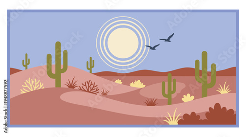 Desert landscape with cacti sun birds and rolling dunes at sunset