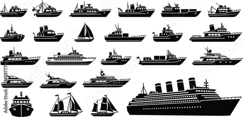 Boat and Ship Silhouette Vector Set with Yacht Cruise Liner Sailboat Fishing Boat Cargo Vessel and Marine Transportation Icons Collection