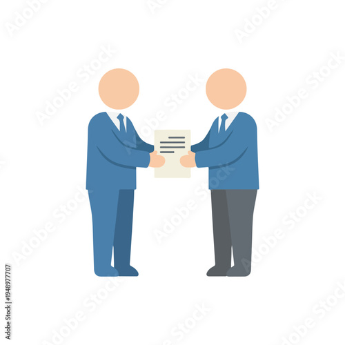 Two corporate figures in suits engage in a formal exchange, passing a document that represents a business deal or agreement.