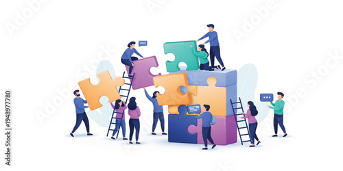 Business Team Building Puzzle Pieces Together Collaboration Partnership Concept with People Connecting Jigsaw Blocks for Strategy Problem Solving and Corporate Success