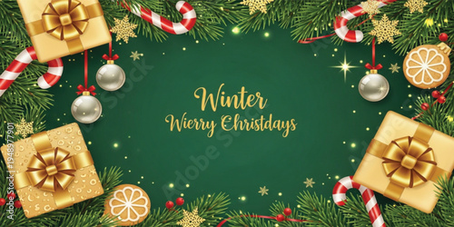 Christmas Holiday Background with Pine Branches Gift Boxes Candy Canes Ornaments and Golden Decorations Festive Winter Greeting Banner Design
