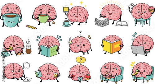 Cute cartoon brain daily activities vector set studying reading coffee thinking relaxing working lifestyle intelligence mascot illustration collection isolated background