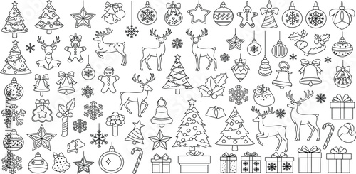 Christmas Doodle Icon Set with Hand Drawn Holiday Elements Including Trees Reindeer Gifts Snowflakes Ornaments and Festive Winter Symbols