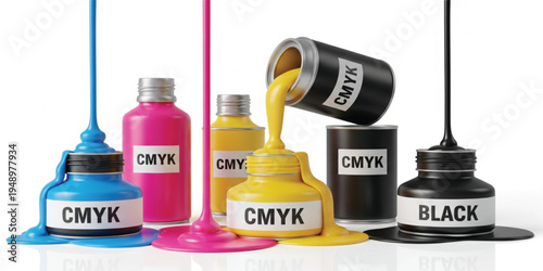 CMYK Printing Ink Bottles with Colorful Dripping Paint Cyan Magenta Yellow and Black for Print Production Graphic Design Publishing and Offset Printing Concept